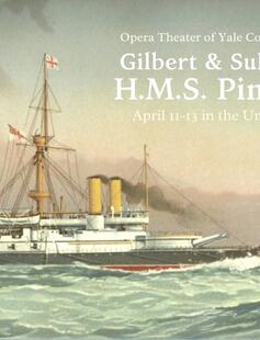 A painting of an English Navy ship from the turn of the century accompanied by text advertising this production.