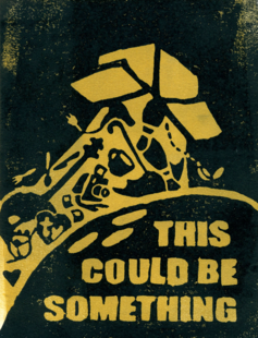 This Could Be Something A linocut print of a carboard box pouring out a lot of different items: guitars, bowling equipment, beanie babies, mugs.