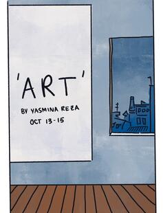 The edge of a white painting hangs on a wall next to a window looking out onto a Paris skyline. ‘Art’ by Yasmina Reza Oct 13-15