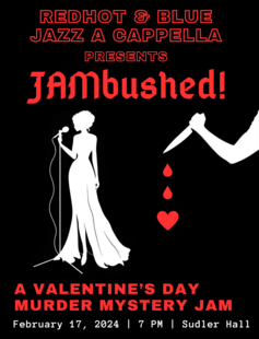 Poster with the silhouette of a jazz singer and an arm holding a knife, containing concert information.