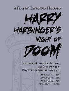 An image of a tower over a lavender background. The text reads "Harry Harbinger's Night of Doom." 