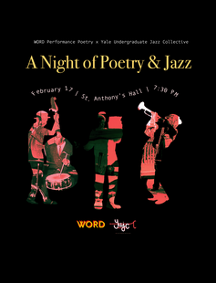 Main text reads: "A Night of Poetry and Jazz" on a black background, with red silhouettes of performers below.