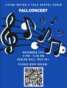 Living Water and Yale Gospel Choir concert poster black notes on a blue background