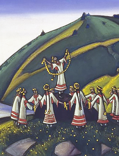 painting of mountains with a group of performers 