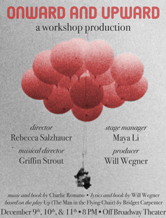 Poster for Onward and Upward, a workshop production. A red cluster of balloons suspend a blurry figure in a field of gray clouds