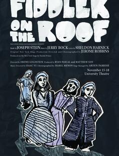 A poster with dark blue background and white text detailing the production team of Fiddler on the Roof.