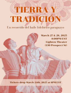 Tierra y Tradición Promo Poster "A promotional poster for 'Tierra y Tradición,' a Paraguayan folkloric dance showcase. The background is a warm peach color with