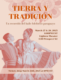 "A promotional poster for 'Tierra y Tradición,' a Paraguayan folkloric dance showcase. The background is a warm peach color with