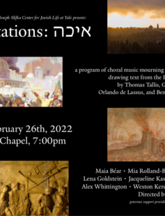Poster for Lamentations, with information and medieval paintings of violence in Jerusalem (see description)