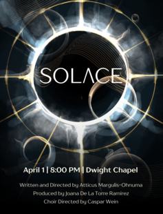 The word SOLACE in a glowing circle. Text underneath contains credits and date/time/location information.