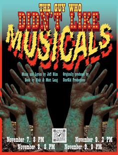 Poster for The Guy Who Didn't Like Musicals depicting six zombie hands positioned like jazz hands