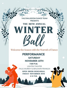 A flyer for Winter Ball featuring pairs of dancers, a snowy background, and informative details.