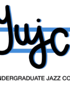 YUJC logo, consisting of black cursive "YUJC" text over blue line art of a trumpet.
