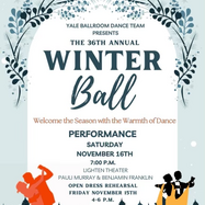 A flyer for Winter Ball featuring pairs of dancers, a snowy background, and informative details.